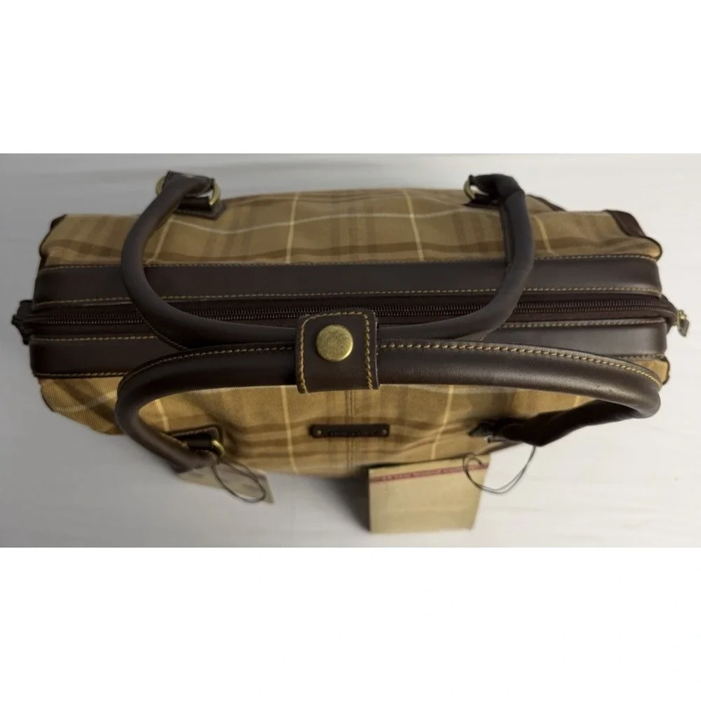 Eddie Bauer Plaid Check Brown Canvas Leather Duffel Travel Bag Luggage NWT